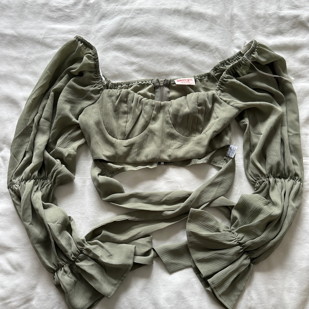 Showpo Green Puff Sleeve Crop Blouse